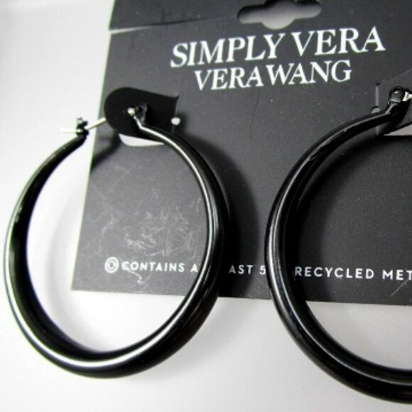 VERA WANG Gothic Shiny Jet Black Graduated 1.5" Hoop Earrings**NEW! - Picture 2 of 4